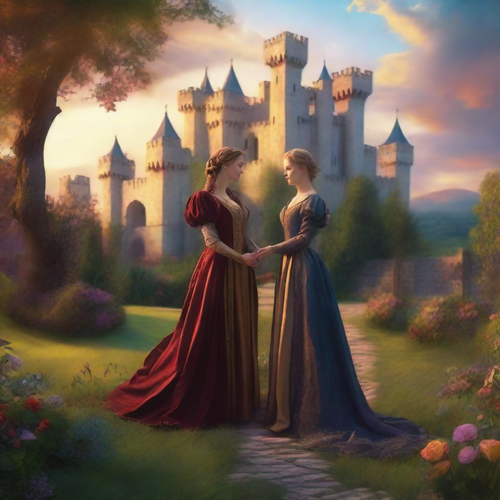 An enchanting scene of a sapphic couple in a medieval kingdom