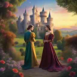 An enchanting scene of a sapphic couple in a medieval kingdom