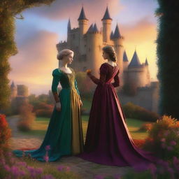 An enchanting scene of a sapphic couple in a medieval kingdom