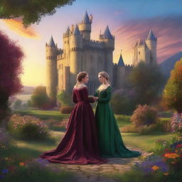 An enchanting scene of a sapphic couple in a medieval kingdom