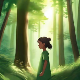 A young girl standing in a lush, green forest