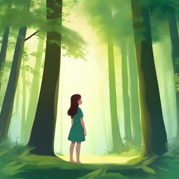 A young girl standing in a lush, green forest