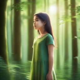 A young girl standing in a lush, green forest