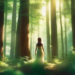 A young girl standing in a lush, green forest