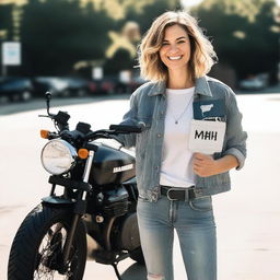 A woman holding a motorcycle with a license plate reading 'Djarum4D'