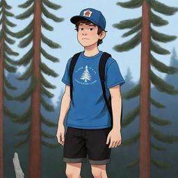 An illustration of Dipper Pines from Gravity Falls, wearing his signature blue and white pine tree hat, red shirt, and black shorts, standing ready for adventure.