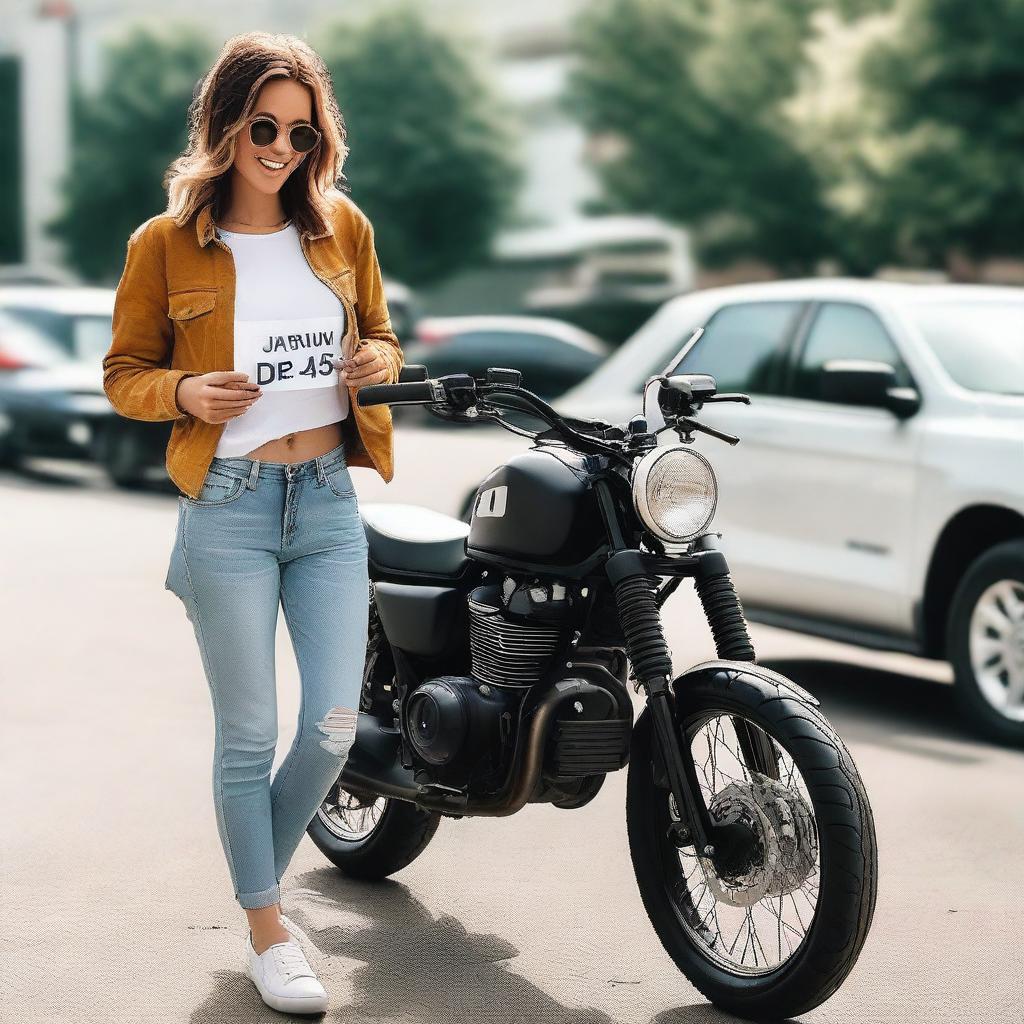 A woman holding a motorcycle with a license plate reading 'Djarum4D'