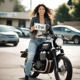 A woman holding a motorcycle with a license plate reading 'Djarum4D'