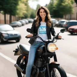 A woman holding a motorcycle with a license plate reading 'Djarum4D'