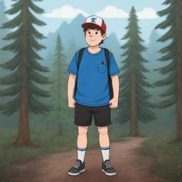 An illustration of Dipper Pines from Gravity Falls, wearing his signature blue and white pine tree hat, red shirt, and black shorts, standing ready for adventure.