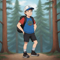 An illustration of Dipper Pines from Gravity Falls, wearing his signature blue and white pine tree hat, red shirt, and black shorts, standing ready for adventure.