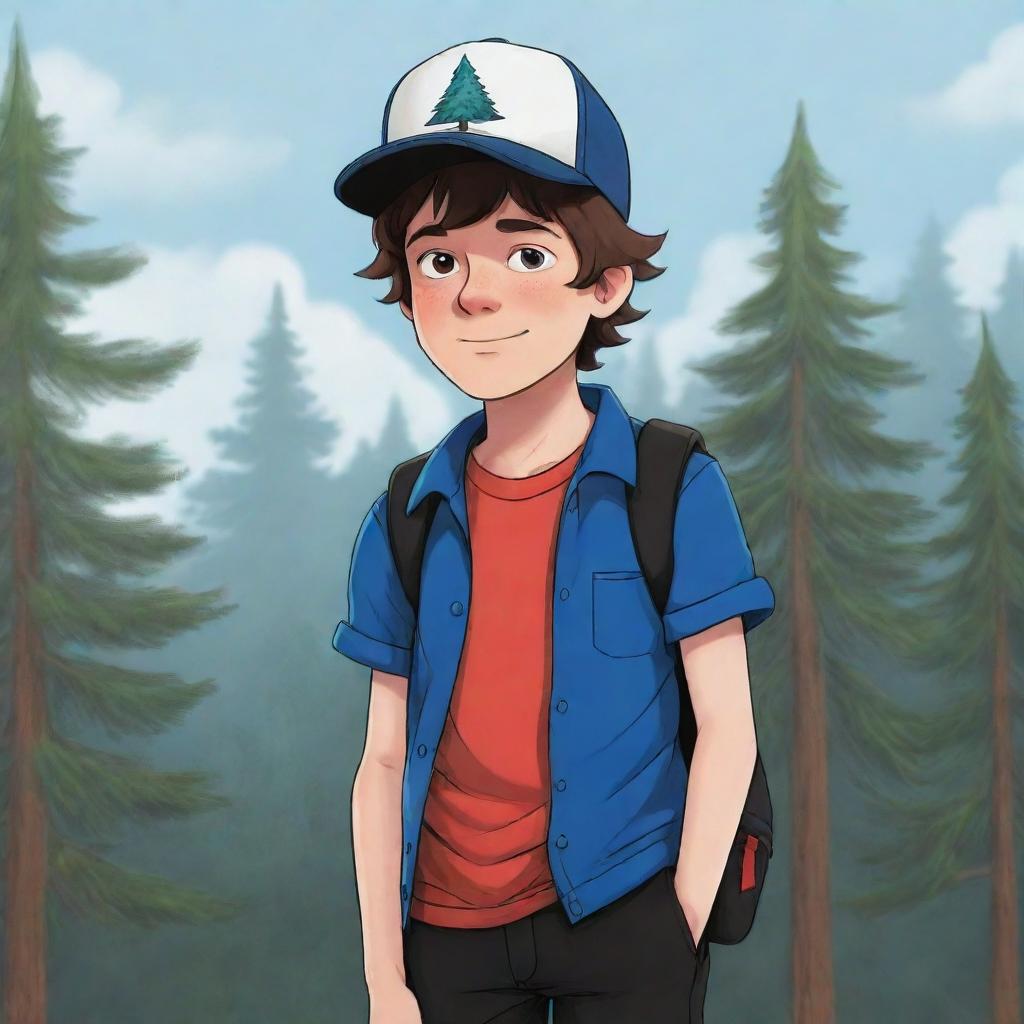 An illustration of Dipper Pines from Gravity Falls, wearing his signature blue and white pine tree hat, red shirt, and black shorts, standing ready for adventure.