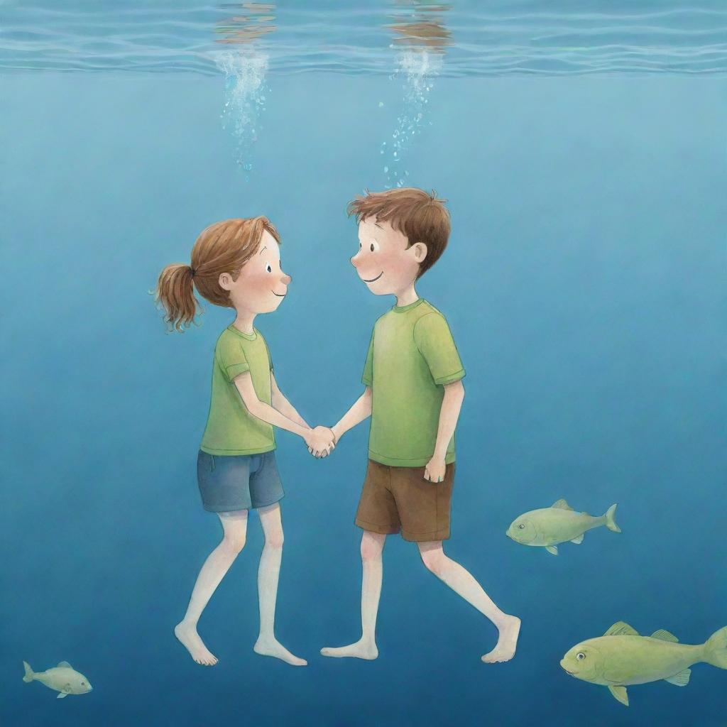 An effortlessly simple, heartwarming cartoon image for a children's book depicting Finn and Fiona at the water surface, thanking and bidding farewell to Freddie after their transformative underwater adventure.