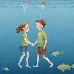 An effortlessly simple, heartwarming cartoon image for a children's book depicting Finn and Fiona at the water surface, thanking and bidding farewell to Freddie after their transformative underwater adventure.