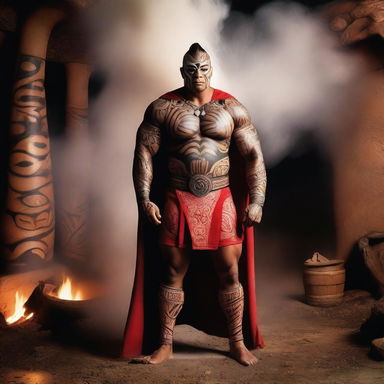 A Maori superhero standing proudly at a hangi, with traditional Maori tattoos and attire, surrounded by the steaming earth oven