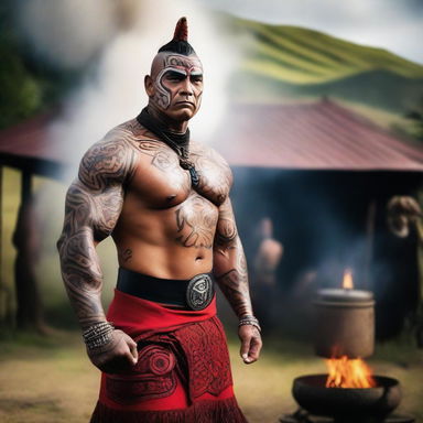 A Maori superhero standing proudly at a hangi, with traditional Maori tattoos and attire, surrounded by the steaming earth oven