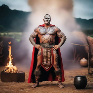 A Maori superhero standing proudly at a hangi, with traditional Maori tattoos and attire, surrounded by the steaming earth oven