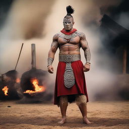 A Maori superhero standing proudly at a hangi, with traditional Maori tattoos and attire, surrounded by the steaming earth oven