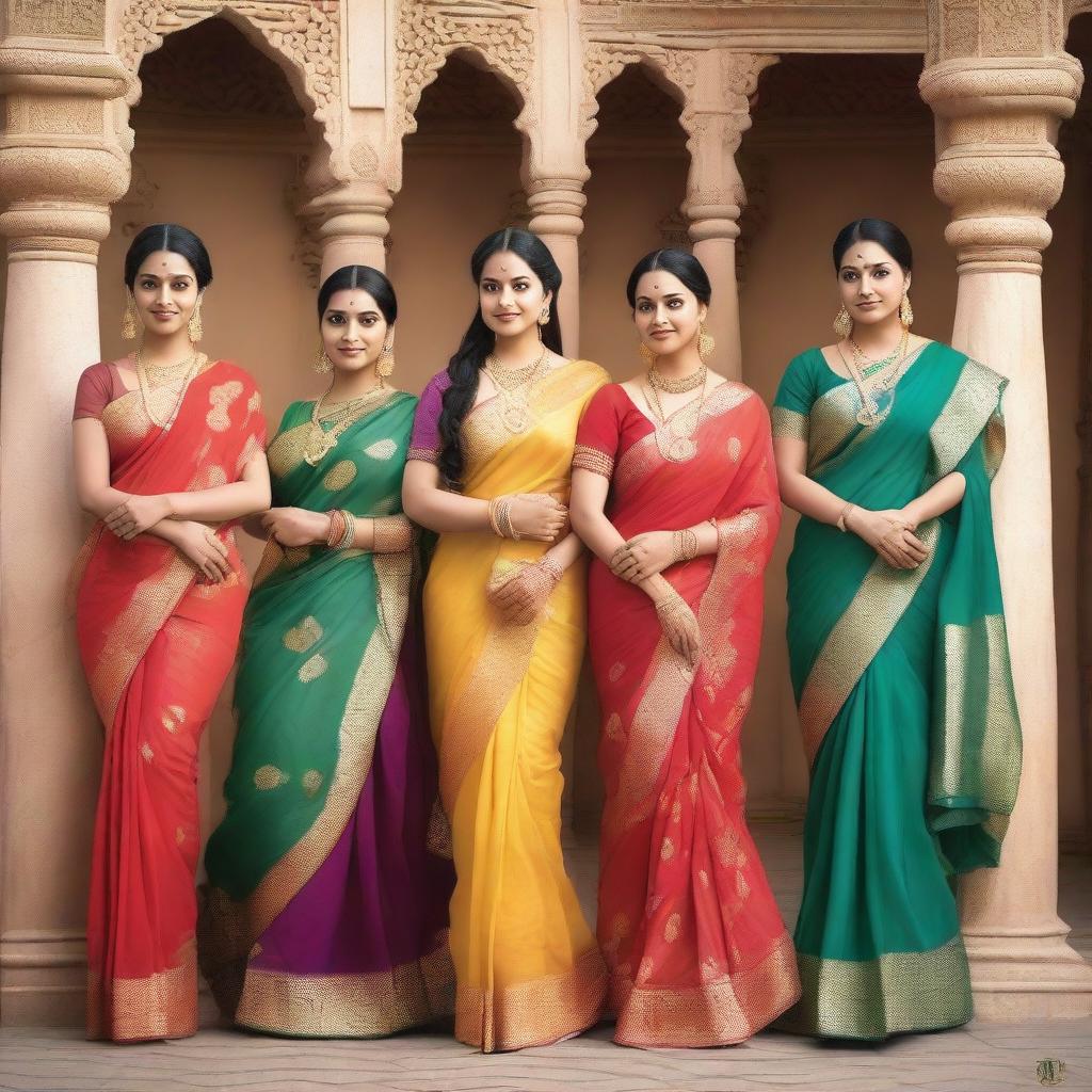 A group of Indian women wearing traditional sarees, posing elegantly and confidently