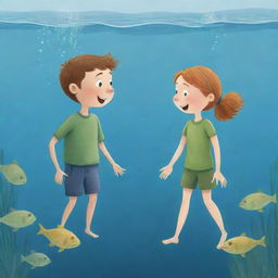 An effortlessly simple, heartwarming cartoon image for a children's book depicting Finn and Fiona at the water surface, thanking and bidding farewell to Freddie after their transformative underwater adventure.