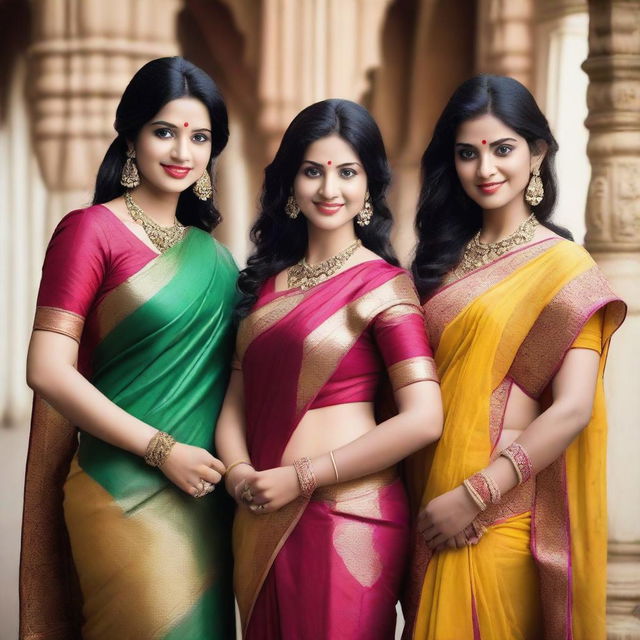 A group of Indian women wearing traditional sarees, posing elegantly and confidently