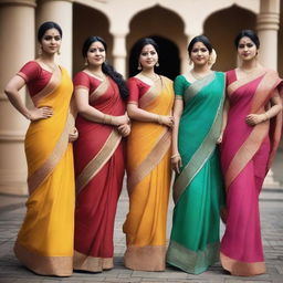 A group of Indian women wearing traditional sarees, posing elegantly and confidently