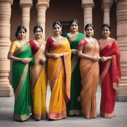 A group of Indian women wearing traditional sarees, posing elegantly and confidently