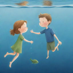 An effortlessly simple, heartwarming cartoon image for a children's book depicting Finn and Fiona at the water surface, thanking and bidding farewell to Freddie after their transformative underwater adventure.