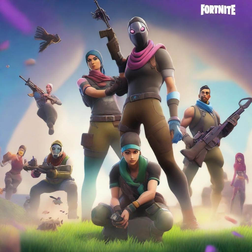 Create an exciting Fortnite thumbnail featuring popular characters in an action-packed scene