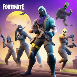 Create an exciting Fortnite thumbnail featuring popular characters in an action-packed scene