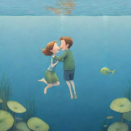 An effortlessly simple, heartwarming cartoon image for a children's book depicting Finn and Fiona at the water surface, thanking and bidding farewell to Freddie after their transformative underwater adventure.