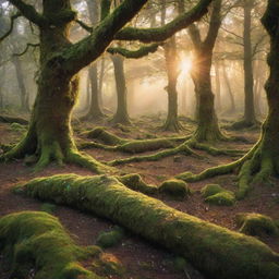 An enchanting fairy forest at sunset, with sparkling fairy dust floating in the air and ethereal beings flitting about among the ancient, moss-covered trees