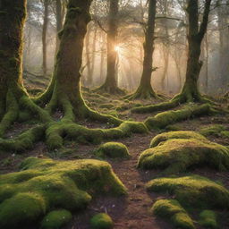 An enchanting fairy forest at sunset, with sparkling fairy dust floating in the air and ethereal beings flitting about among the ancient, moss-covered trees