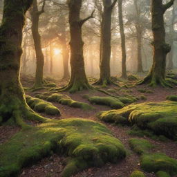 An enchanting fairy forest at sunset, with sparkling fairy dust floating in the air and ethereal beings flitting about among the ancient, moss-covered trees