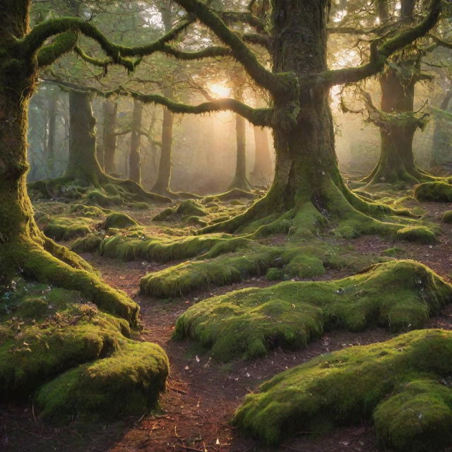 An enchanting fairy forest at sunset, with sparkling fairy dust floating in the air and ethereal beings flitting about among the ancient, moss-covered trees