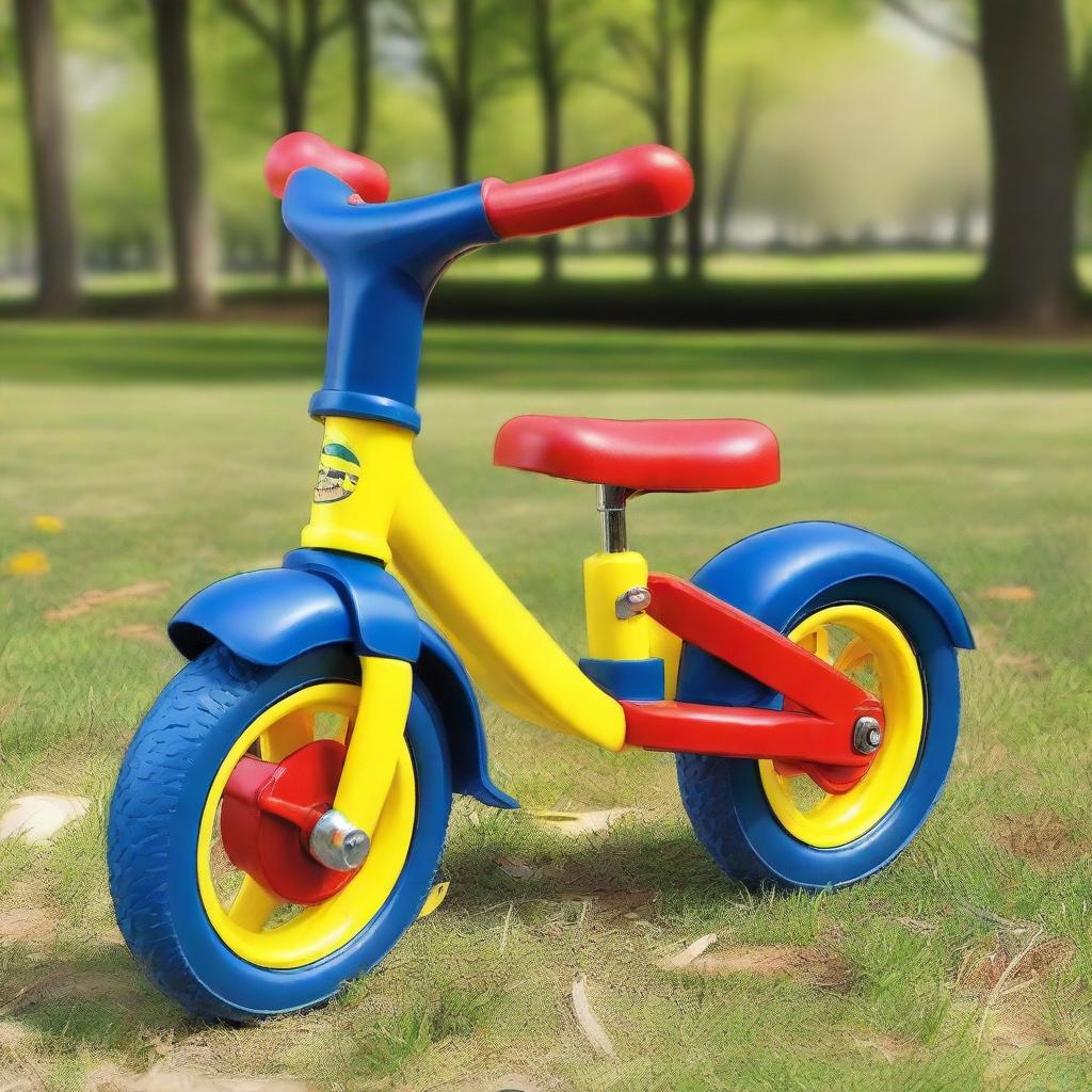 A colorful tricycle with a bright red frame, blue seat, and yellow handlebars