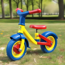 A colorful tricycle with a bright red frame, blue seat, and yellow handlebars