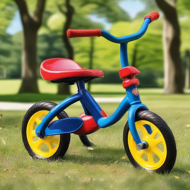 A colorful tricycle with a bright red frame, blue seat, and yellow handlebars