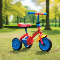 A colorful tricycle with a bright red frame, blue seat, and yellow handlebars