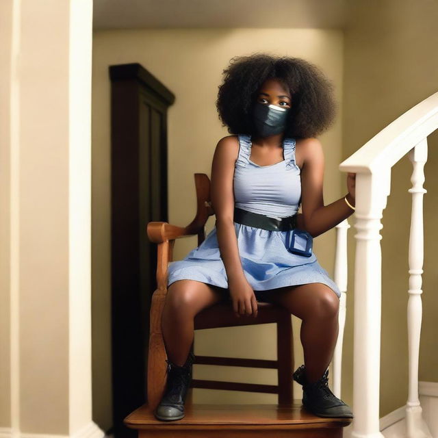 A black girl sat in a chair with her mouth taped shut with duct tape, arms and legs tied to the chair with rope, looking scared for her life