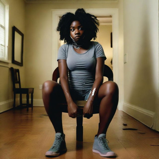 A black girl sat in a chair with her mouth taped shut with duct tape, arms and legs tied to the chair with rope, looking extremely scared