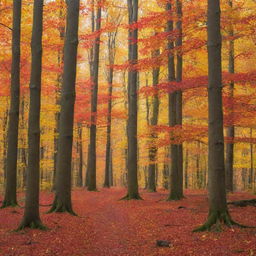 A dazzling forest during autumn, with leaves full of vibrant oranges, reds, and yellows