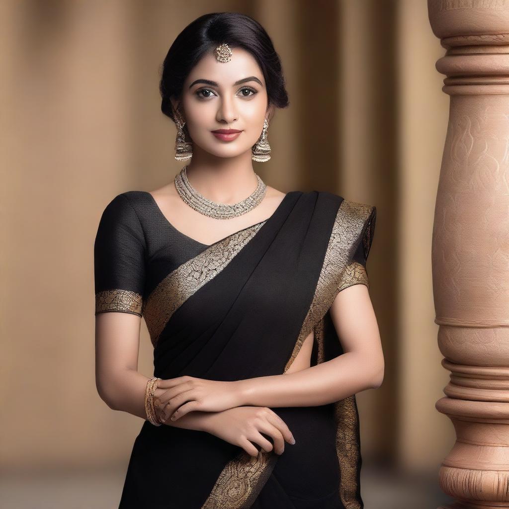 A beautiful woman wearing a black saree and black blouse, standing elegantly