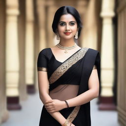 A beautiful woman wearing a black saree and black blouse, standing elegantly