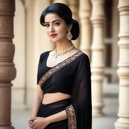 A beautiful woman wearing a black saree and black blouse, standing elegantly