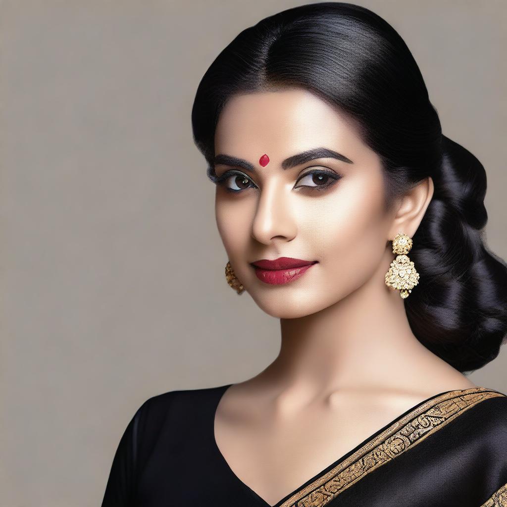 A beautiful woman wearing a black saree and black blouse, standing elegantly