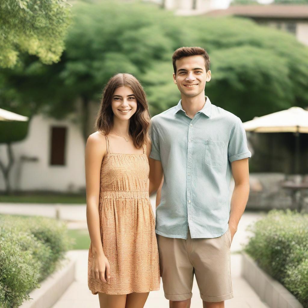 A tall girl standing next to a short man