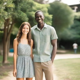 A tall girl standing next to a short man