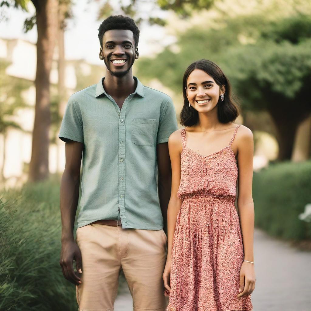 A tall girl standing next to a short man