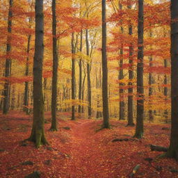 A dazzling forest during autumn, with leaves full of vibrant oranges, reds, and yellows